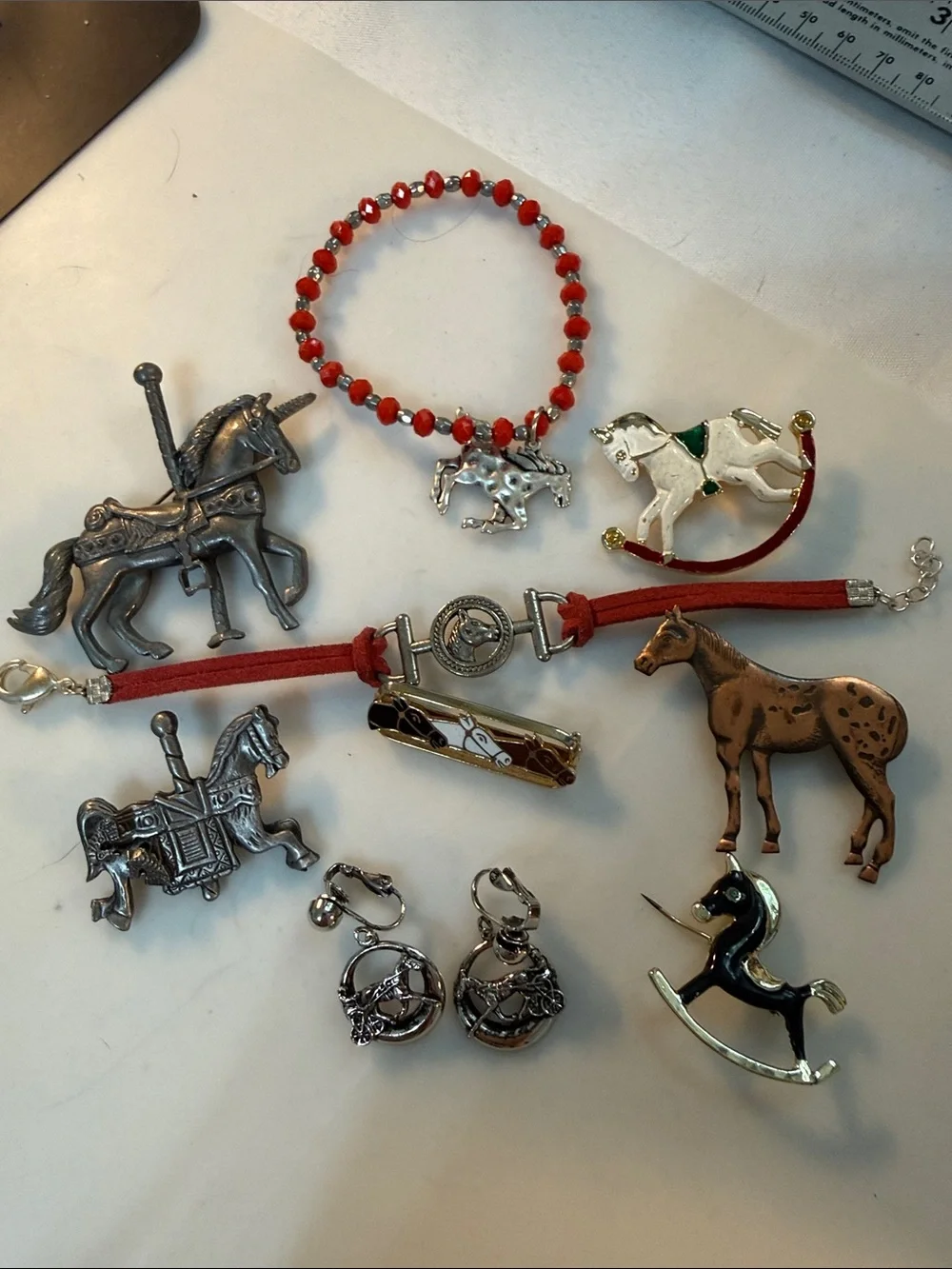 Horse Jewelry Lot - Red Beaded Bracelet & Assorted Horse Charms buy one buy all!
